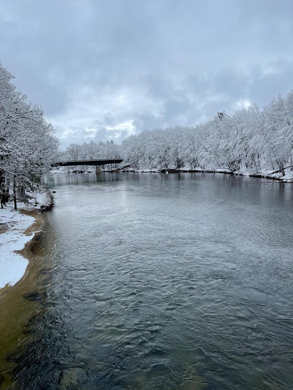 The Saco River lined with snow-covered trees beside Merrill Farm Inn in winter